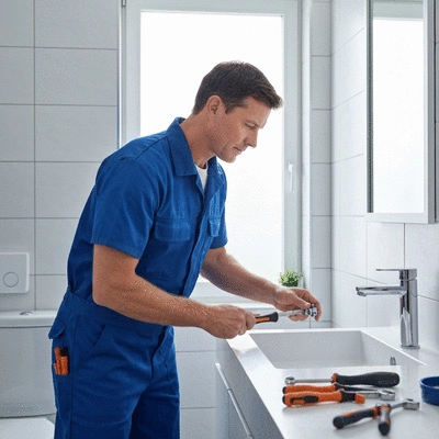Professional plumber repairing bathroom leak