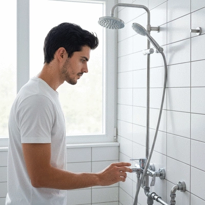 User inspecting bathroom for leaks
