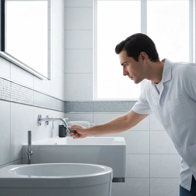 User inspecting waterproofing in a bathroom