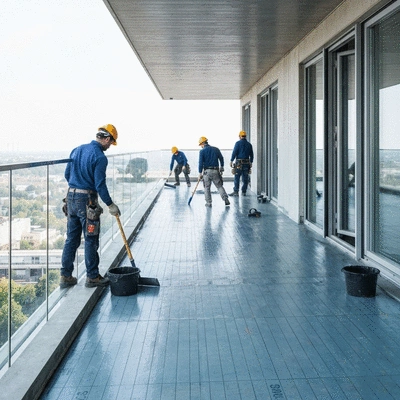 Balcony waterproofing process with professionals at work