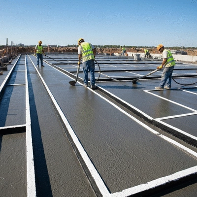 Construction site with waterproofing application being performed