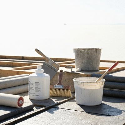 Waterproofing materials and tools on a construction site