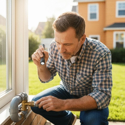 Homeowner inspecting pipes for leaks